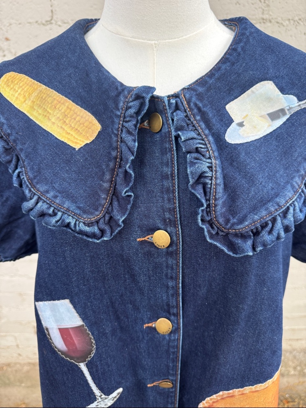 Cider Peter Pan Collar Denim Mini Dress Upcycled Thanksgiving Patches Size M - Picture 9 of 16